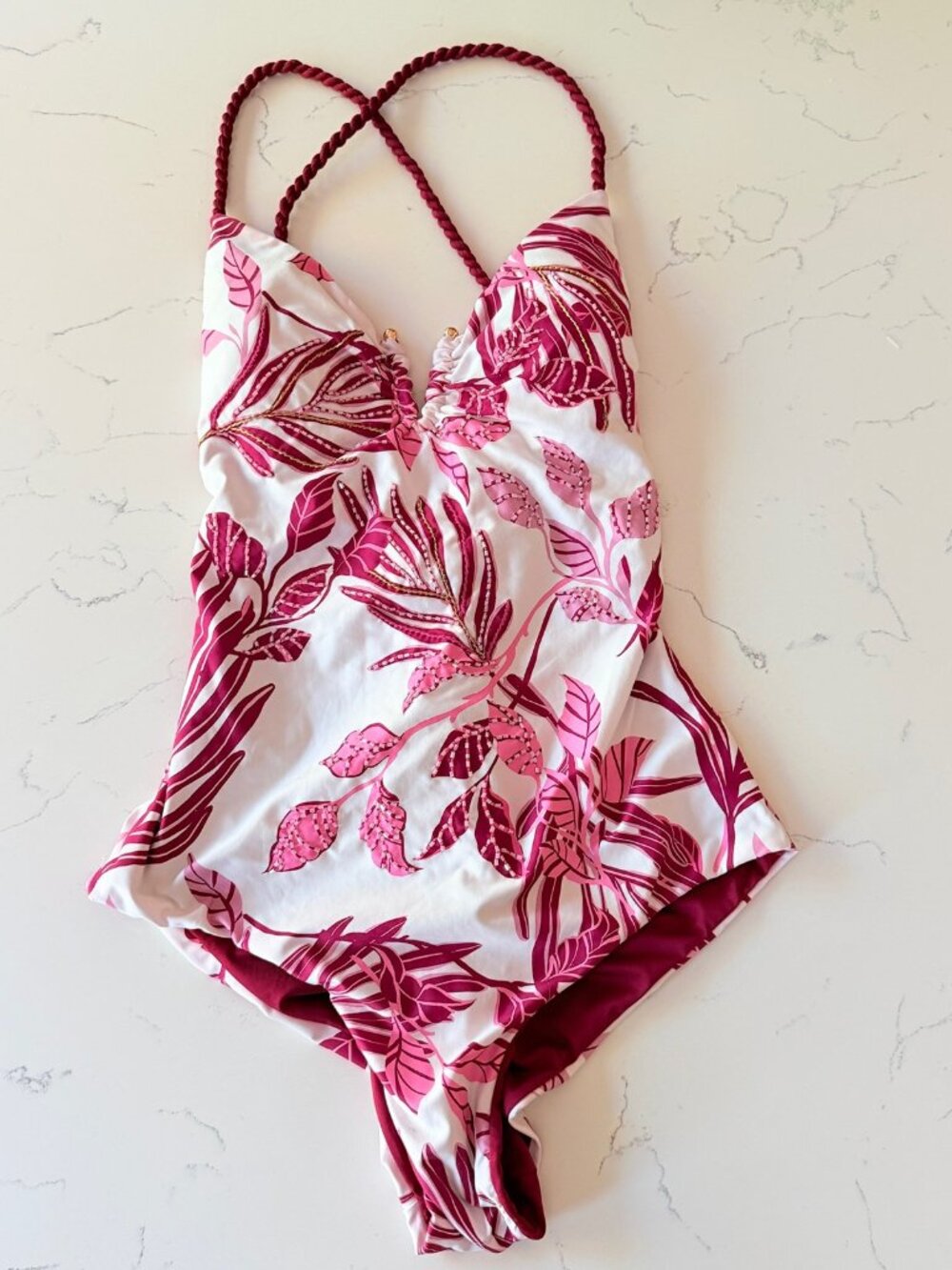 Costa Linda Beachwear One Piece Swimsuit Size S Pink Tropical Floral Beaded Lace